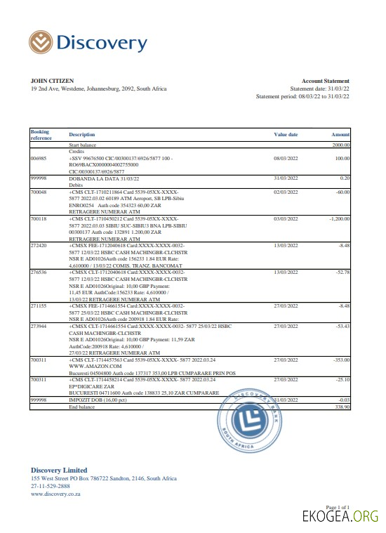 Relevé bancaire Discovery en Afrique du Sud, modèle Excel et PDF
